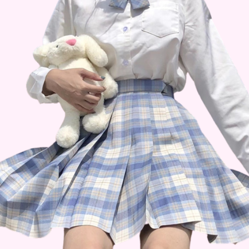 Jupe Plissée Bleu Ciel Kawaii avec Nœud Papillon Assorti