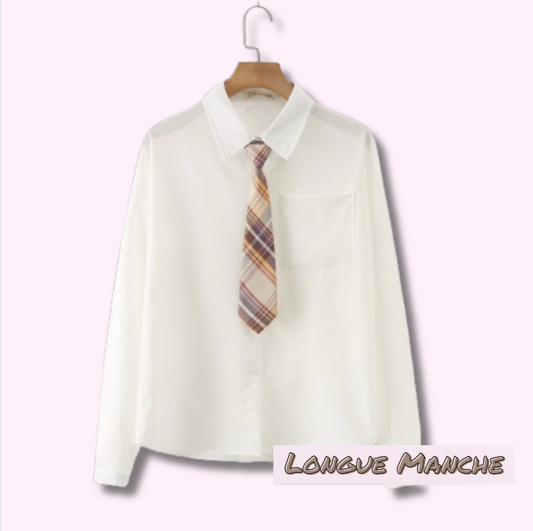 Chemisier Blanc Kawaii Manche Longue Cravate Jaune et Châtaigne