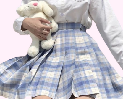 Jupe plissée écolière bleue ciel Kawaii et nœud papillon assorti