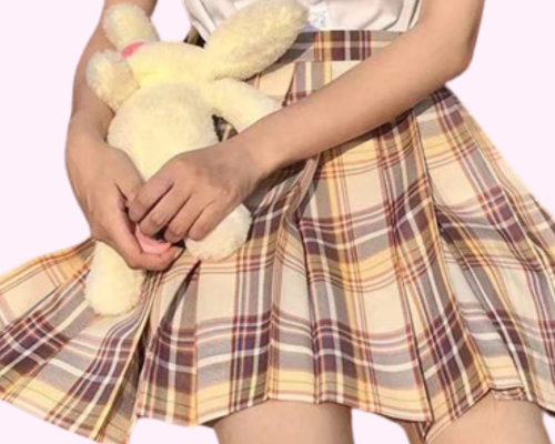 Jupe plissée écolière jaune châtaigne Kawaii et nœud papillon assorti