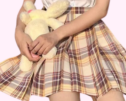 Jupe plissée écolière jaune châtaigne Kawaii et nœud papillon assorti