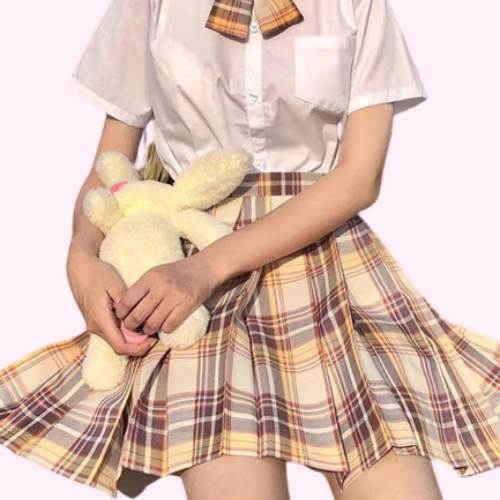Jupe Plissée Jaune Châtaigne Kawaii avec Nœud Papillon Assorti
