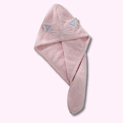 Serviette Cheveux Kawaii Rose avec Tête de Chat Oreilles Bleues