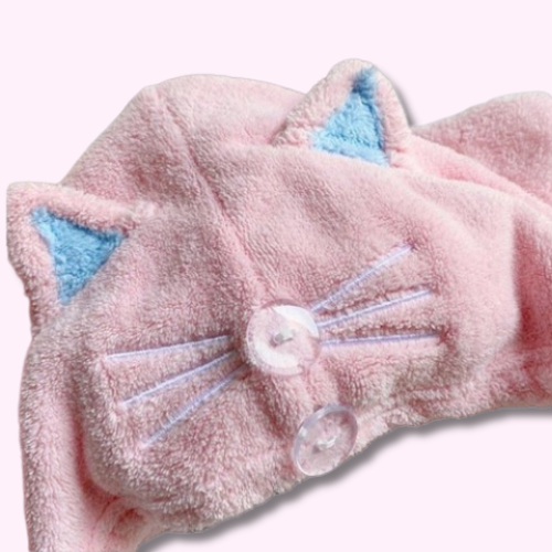 Serviette Cheveux Kawaii Rose avec Tête de Chat Oreilles Bleues Zoom