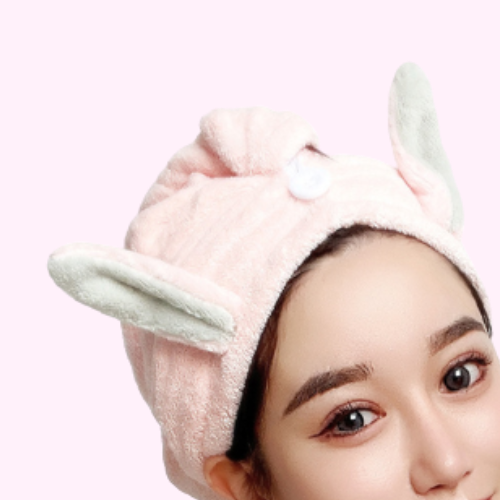 Serviette Cheveux Kawaii Rose avec Tête de Lapin