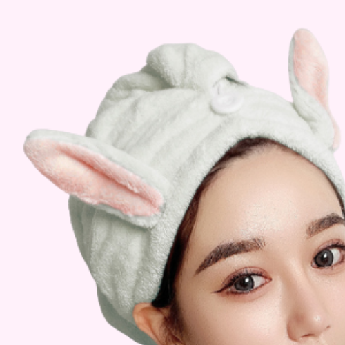 Serviette Cheveux Kawaii Verte avec Tête de Lapin
